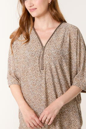 Ditsy Animal Print Zip Front Top