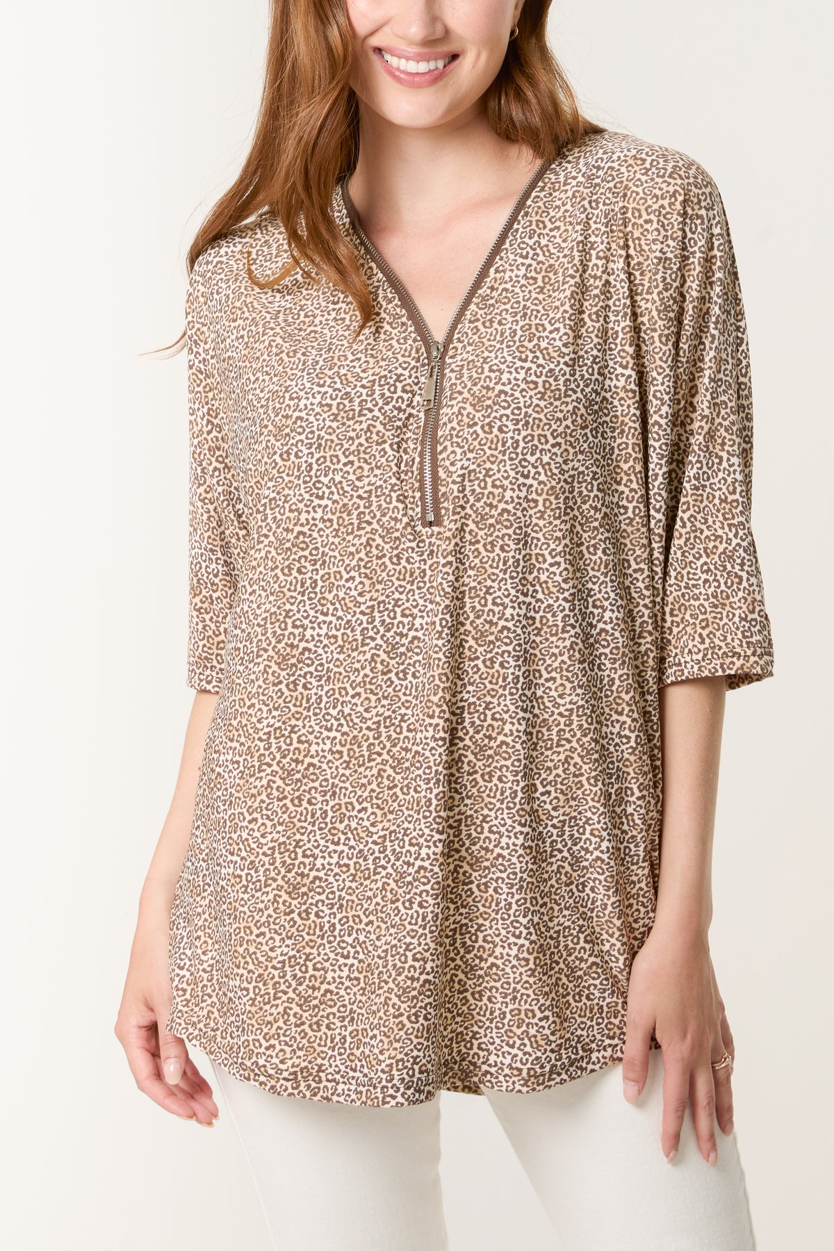 Ditsy Animal Print Zip Front Top