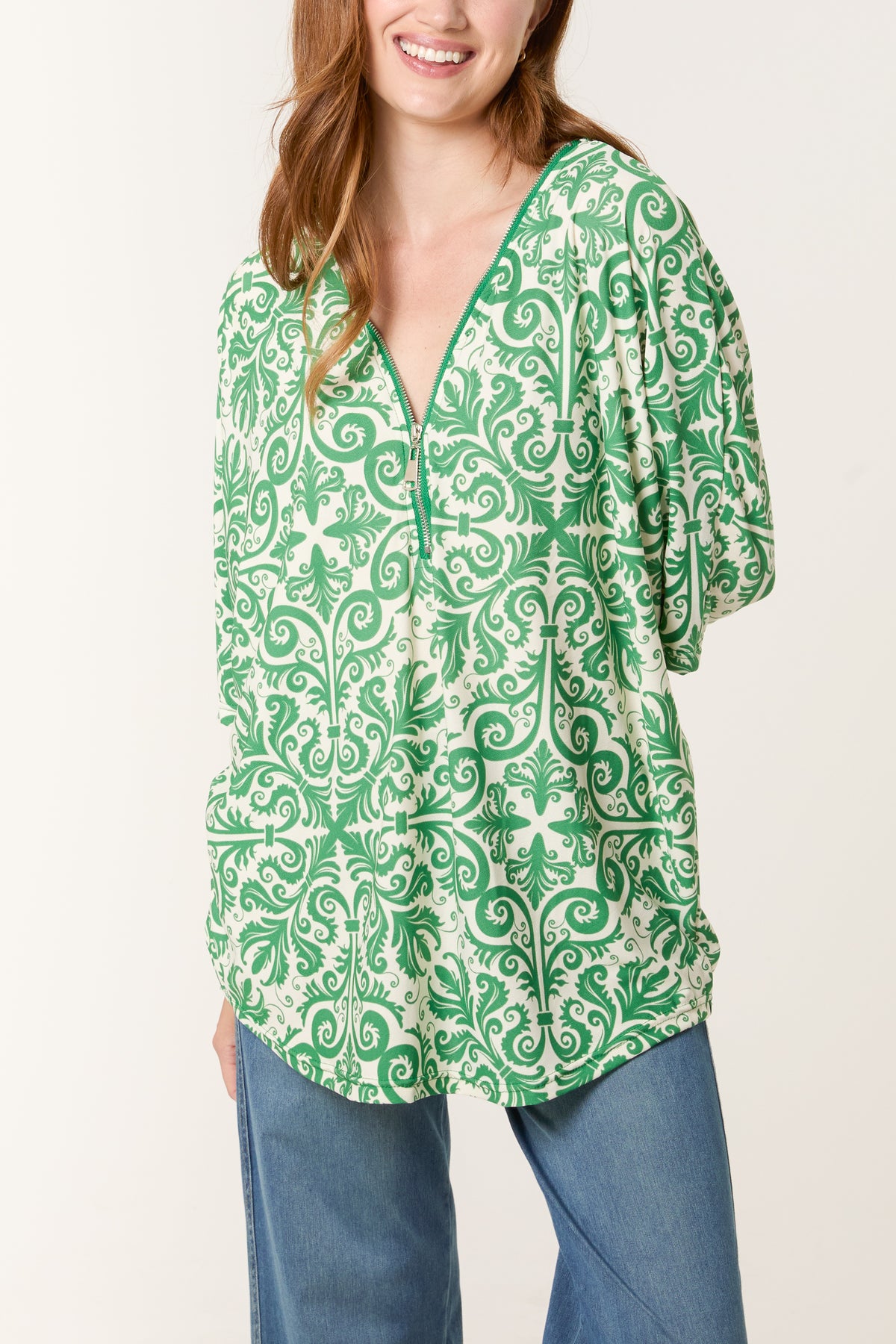 Damask Print Zip Front Top