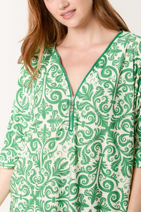 Damask Print Zip Front Top