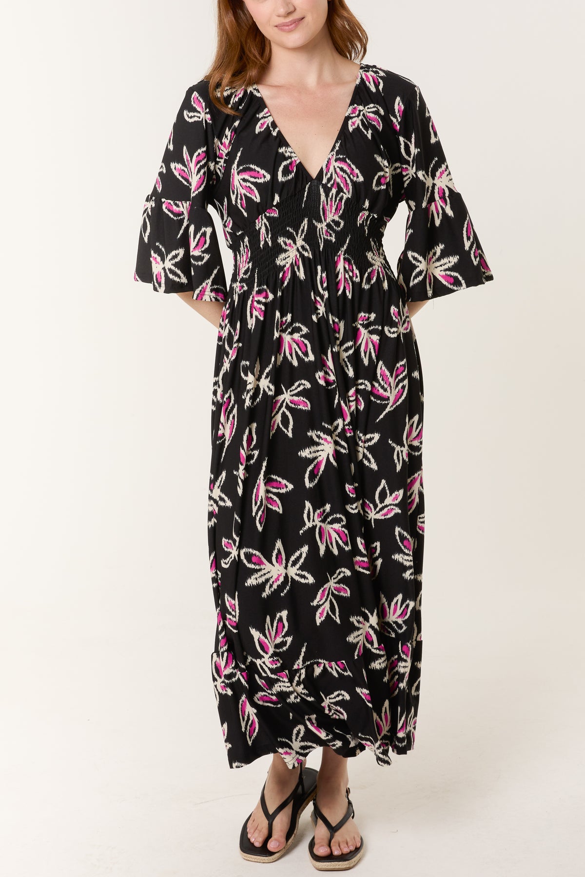 Pink Leaf Print Stretch Shirred Waist Dress