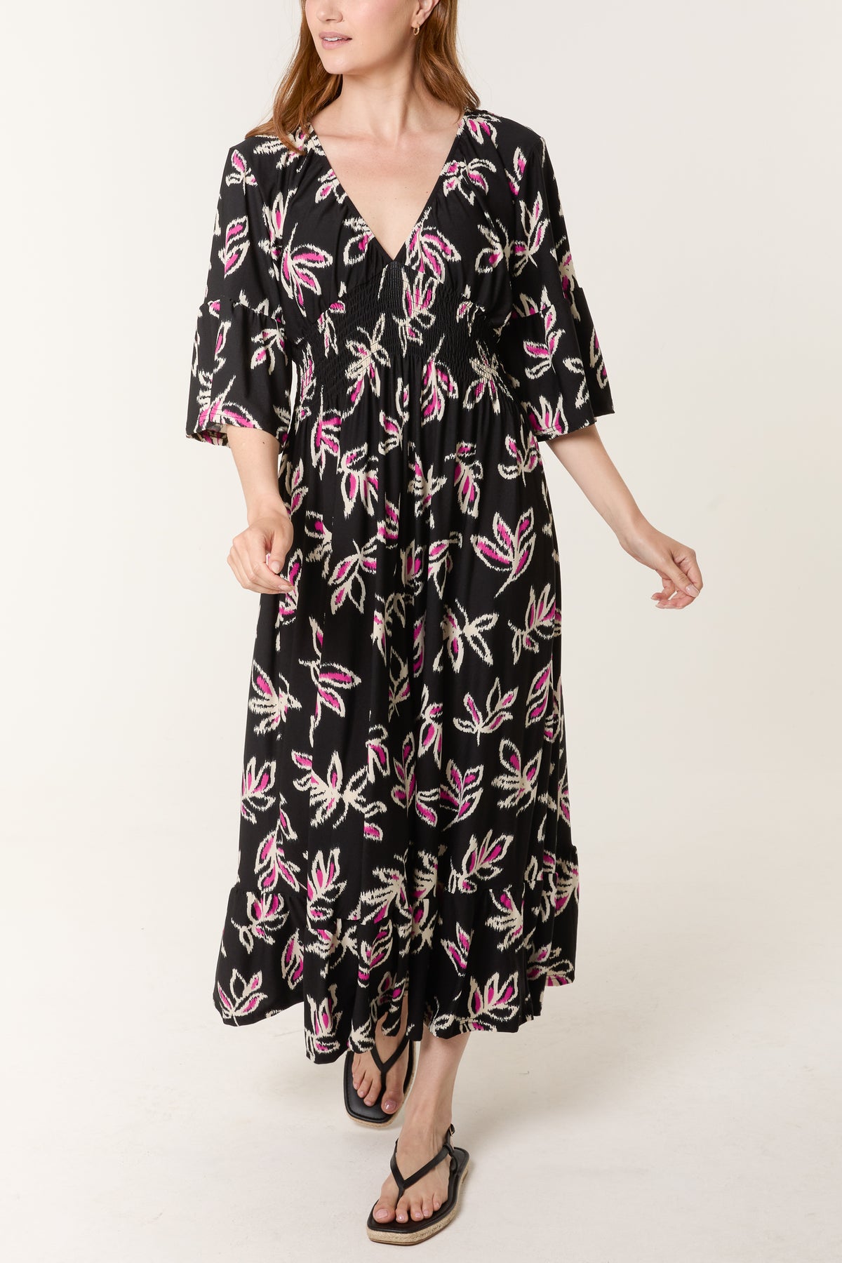 Pink Leaf Print Stretch Shirred Waist Dress