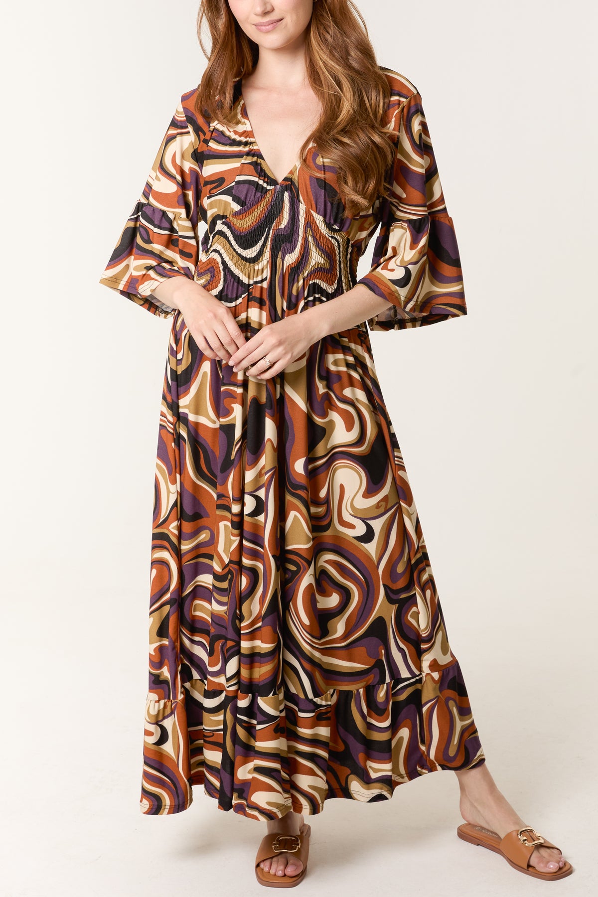 Abstract Swirl Shirred Waist V Dress