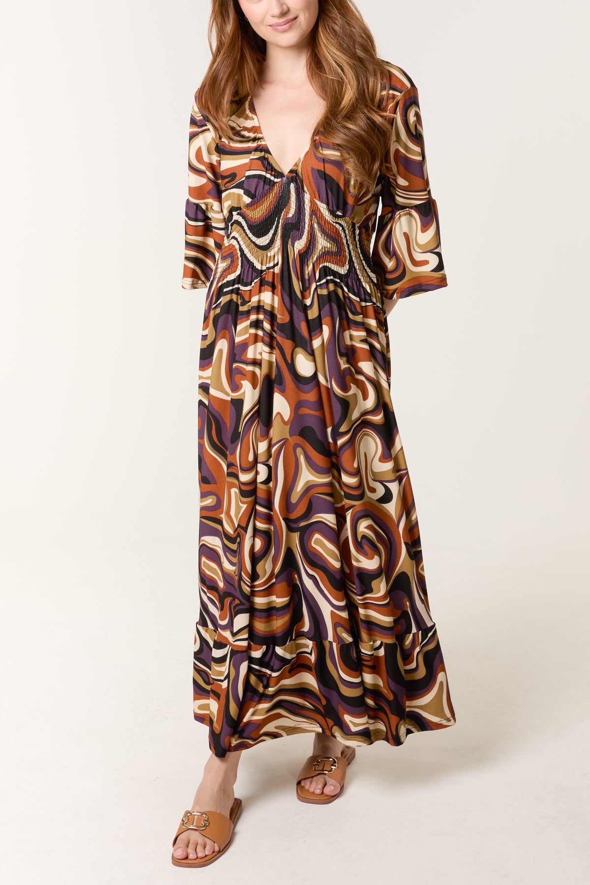 Abstract Swirl Shirred Waist V Dress