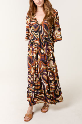 Abstract Swirl Shirred Stretch Dress