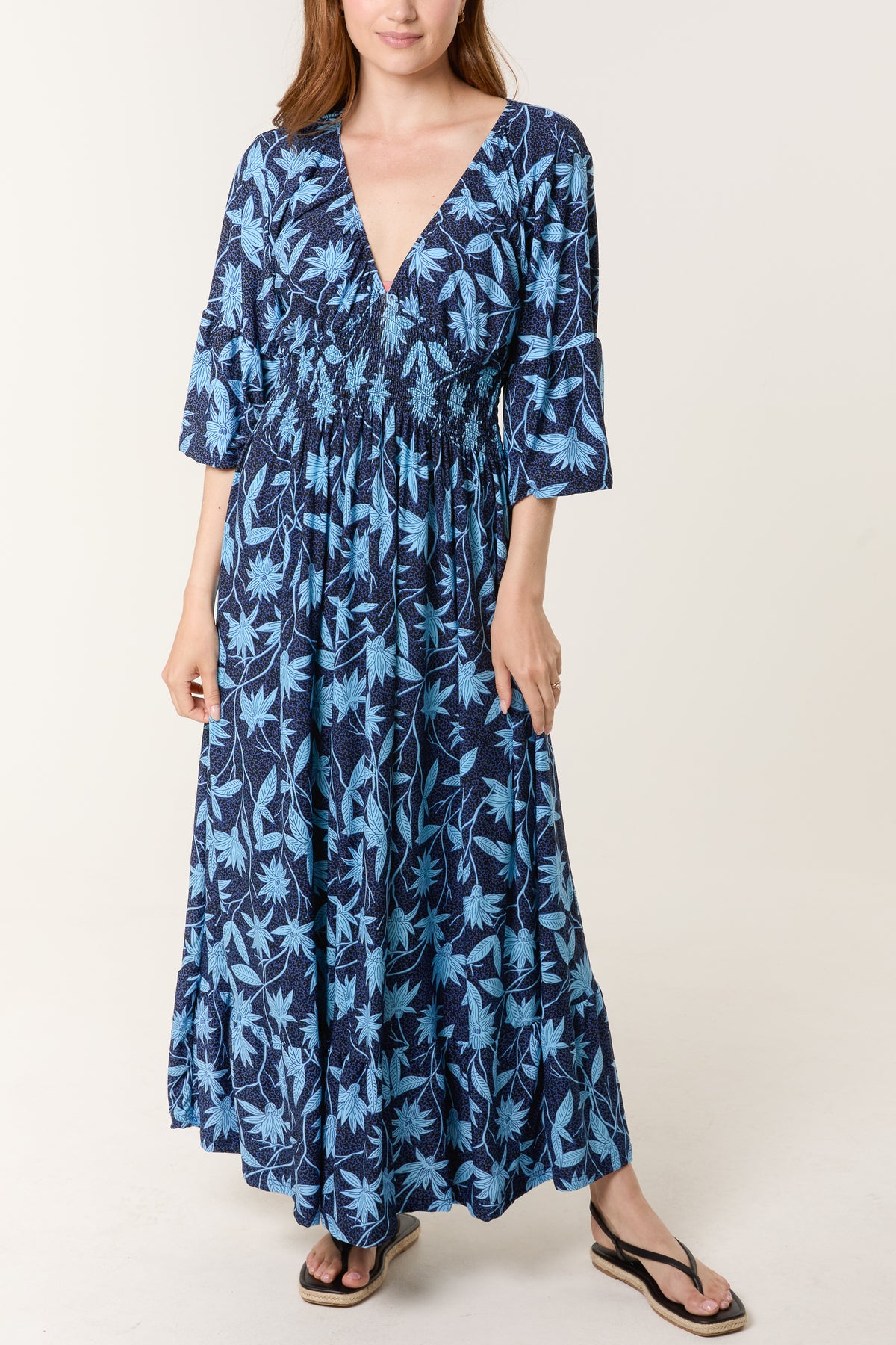 Floral & Leaf Print Shirred V Dress