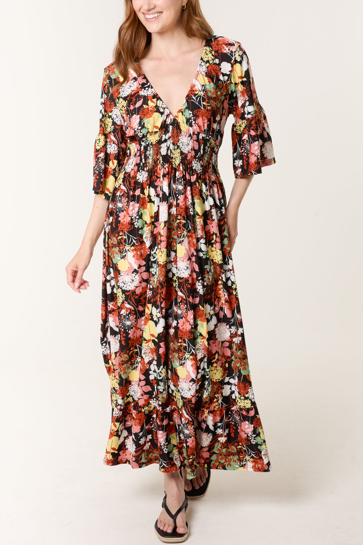 Multicolour Floral Print Shirred V Dress