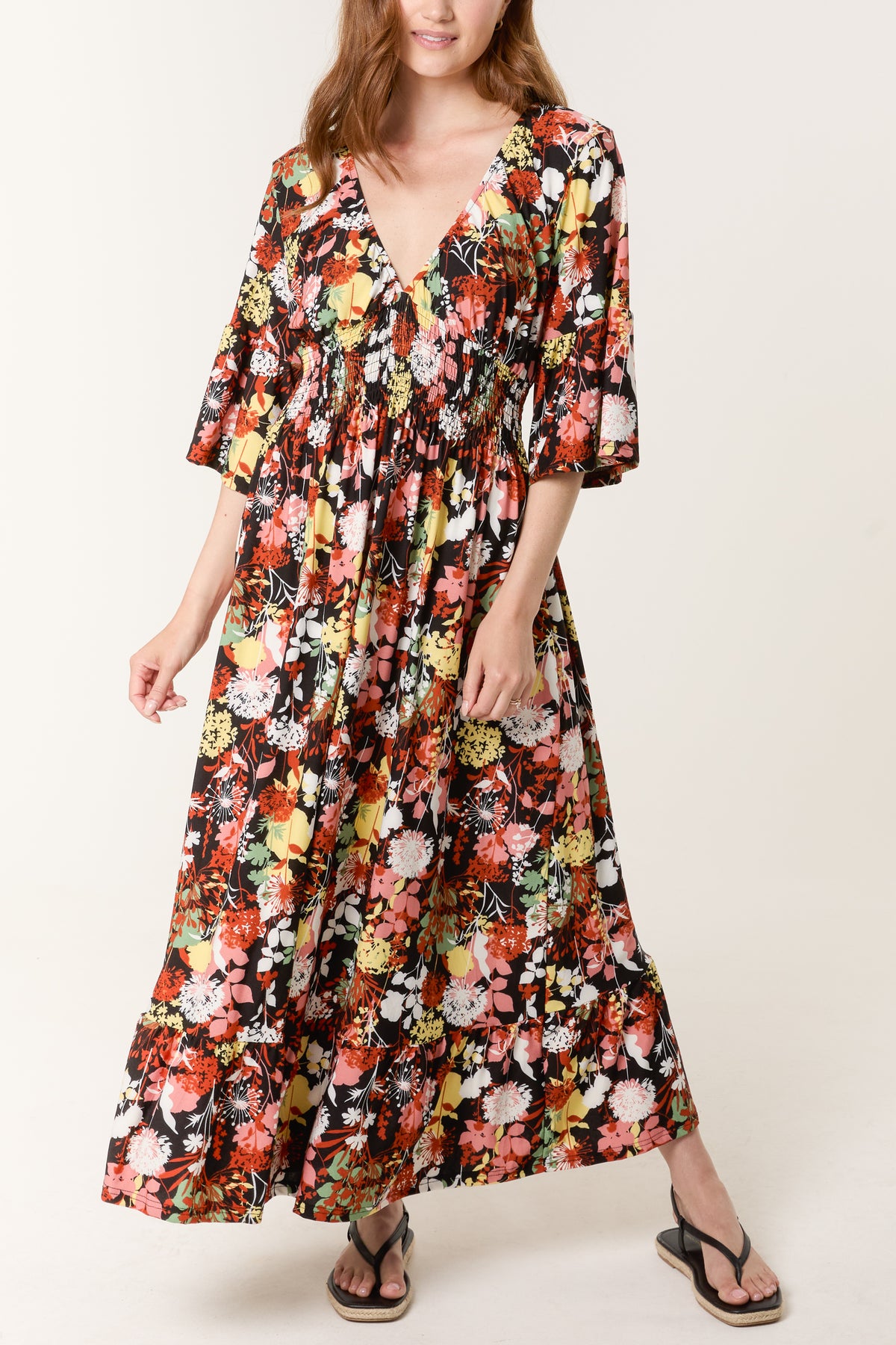 Multicolour Floral Print Shirred V Dress