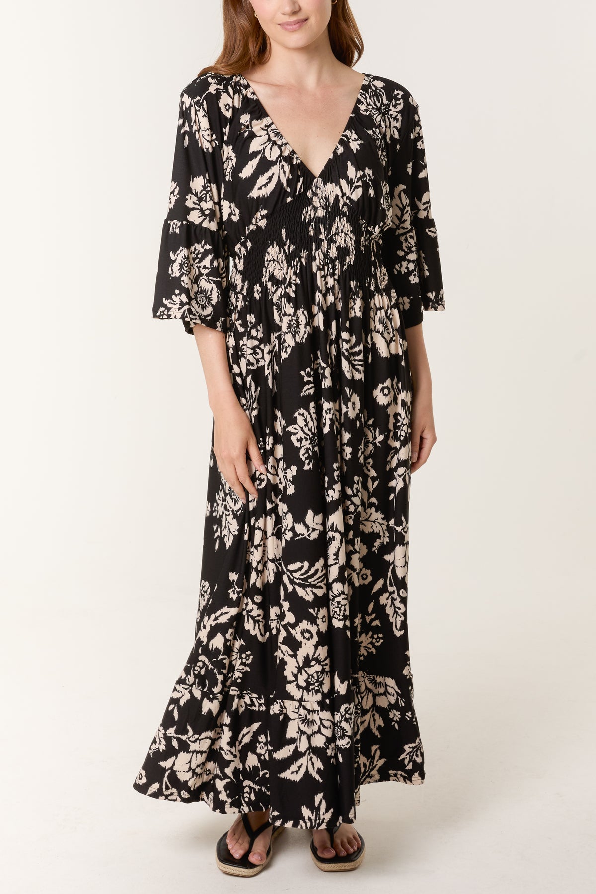 Botanical Print Stretch Shirred Waist Dress