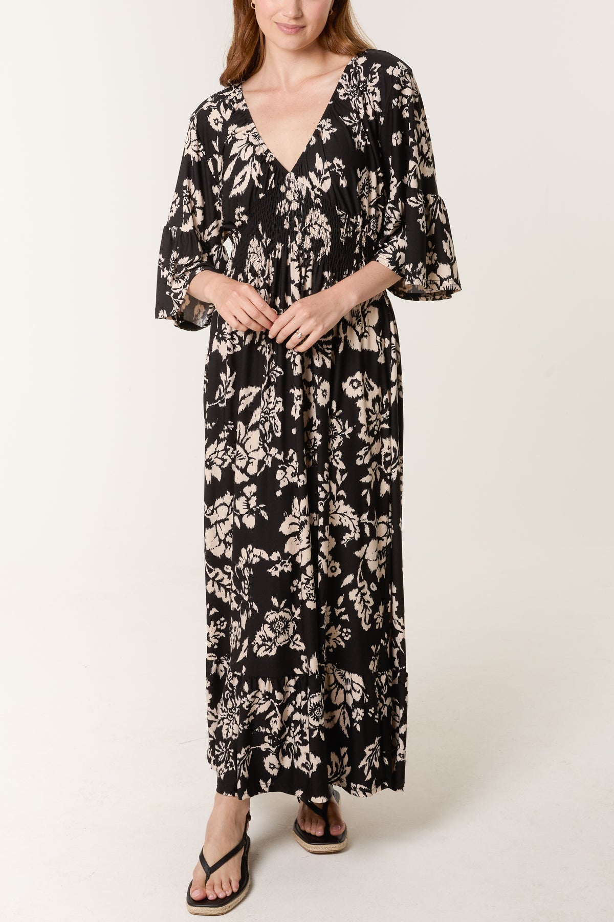 Botanical Print Stretch Shirred Waist Dress