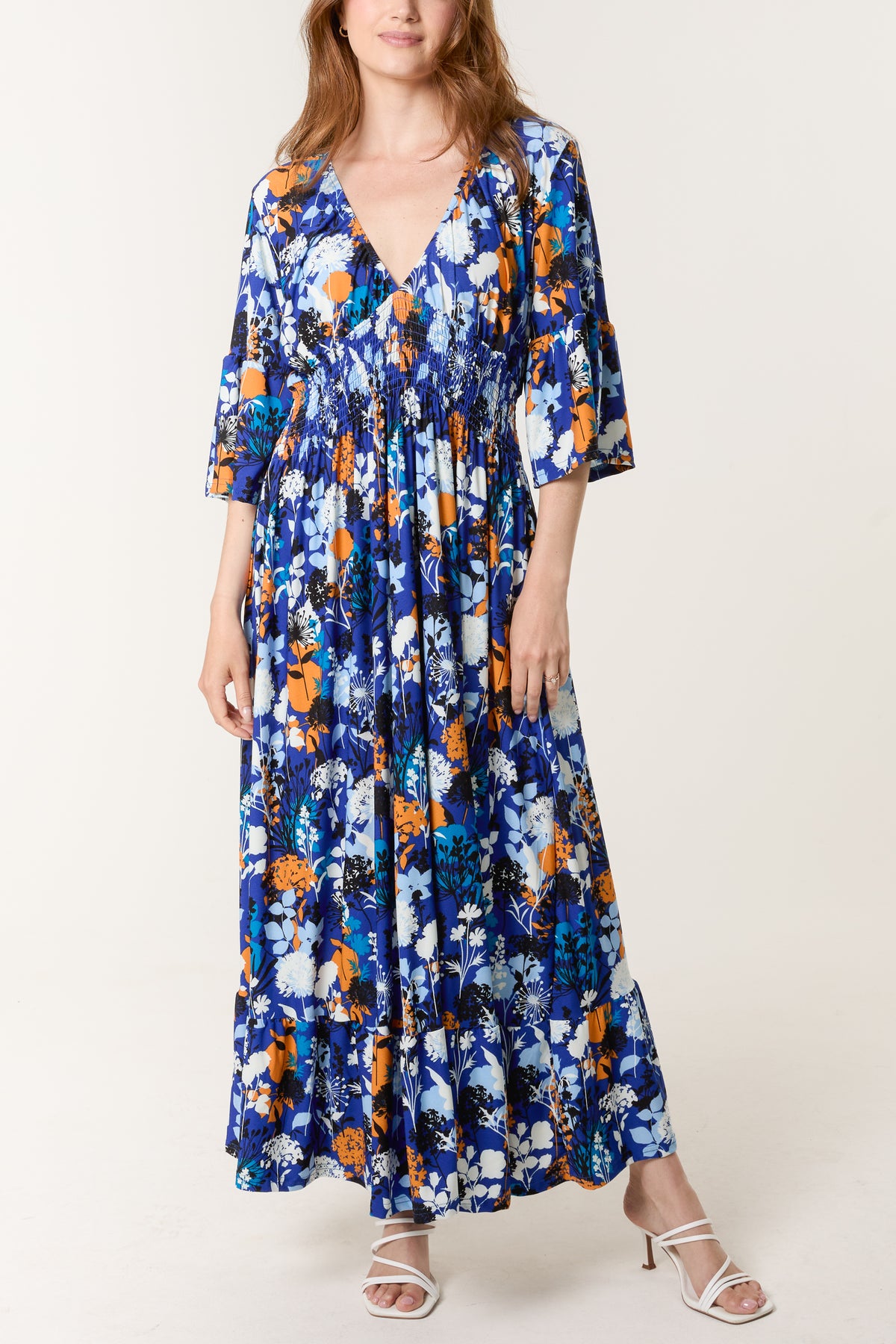 Vibrant Floral Print V Shirred Dress
