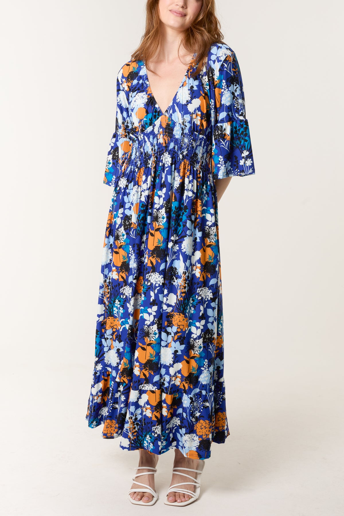 Vibrant Floral Print V Shirred Dress