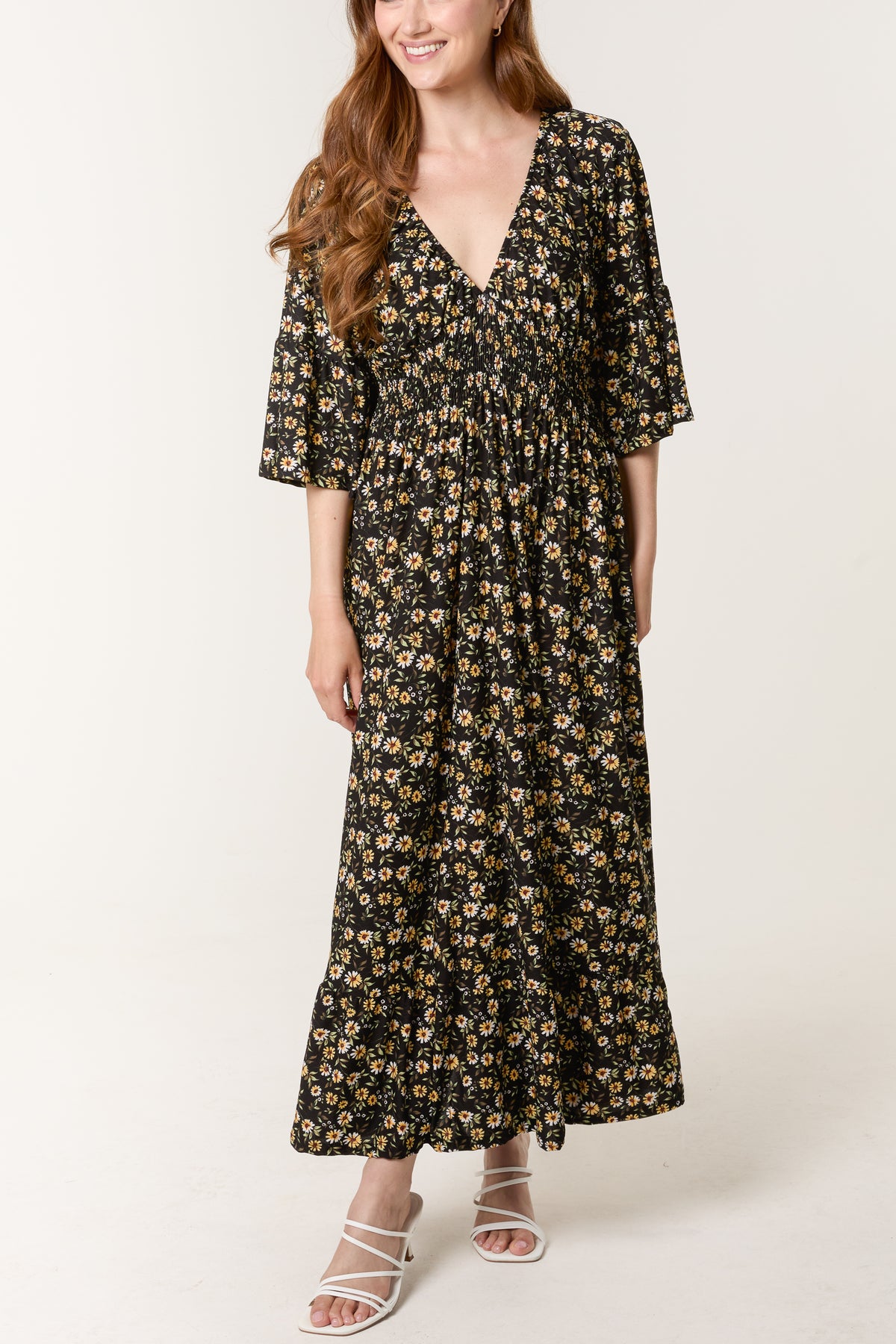 Daisy Print V Shirred Waist Stretch Dress