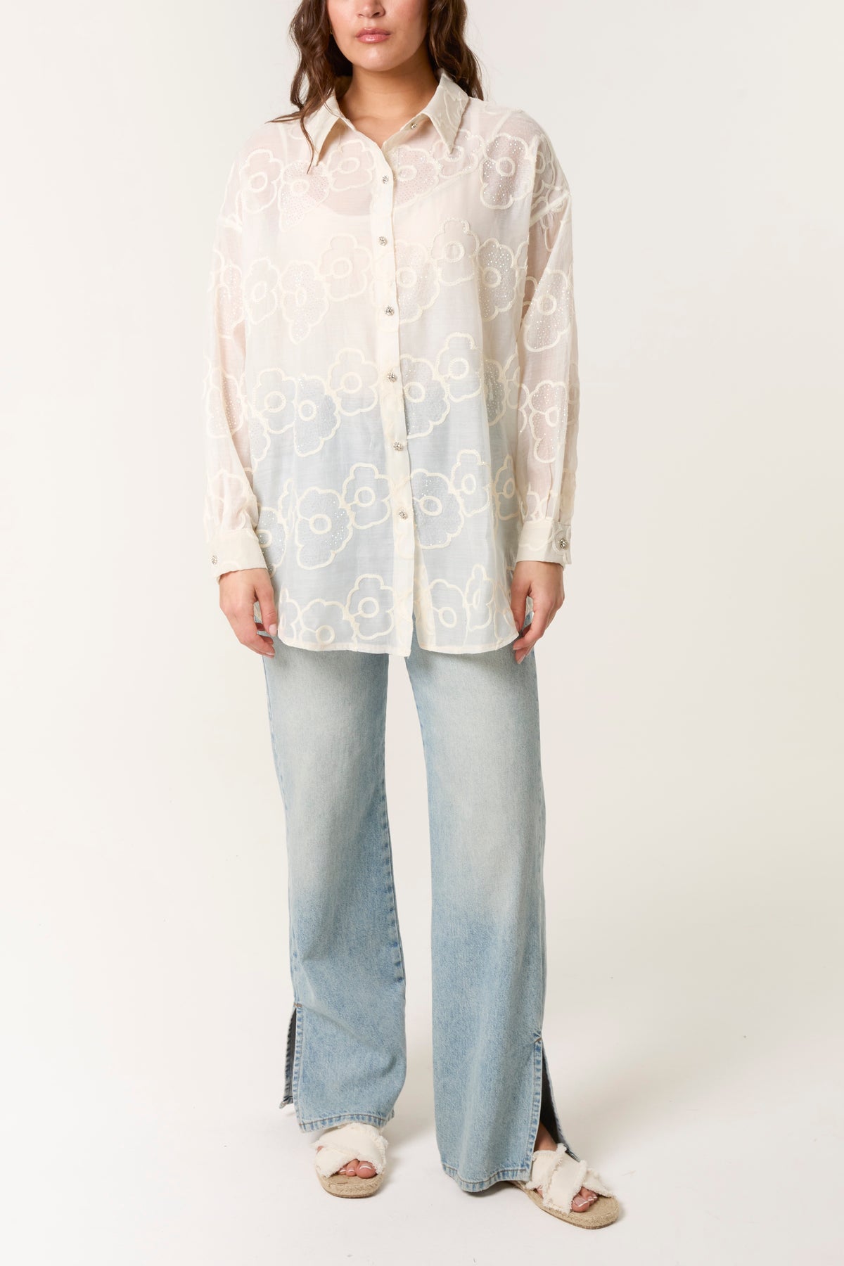 Diamante Button Daisy Embroidered Shirt