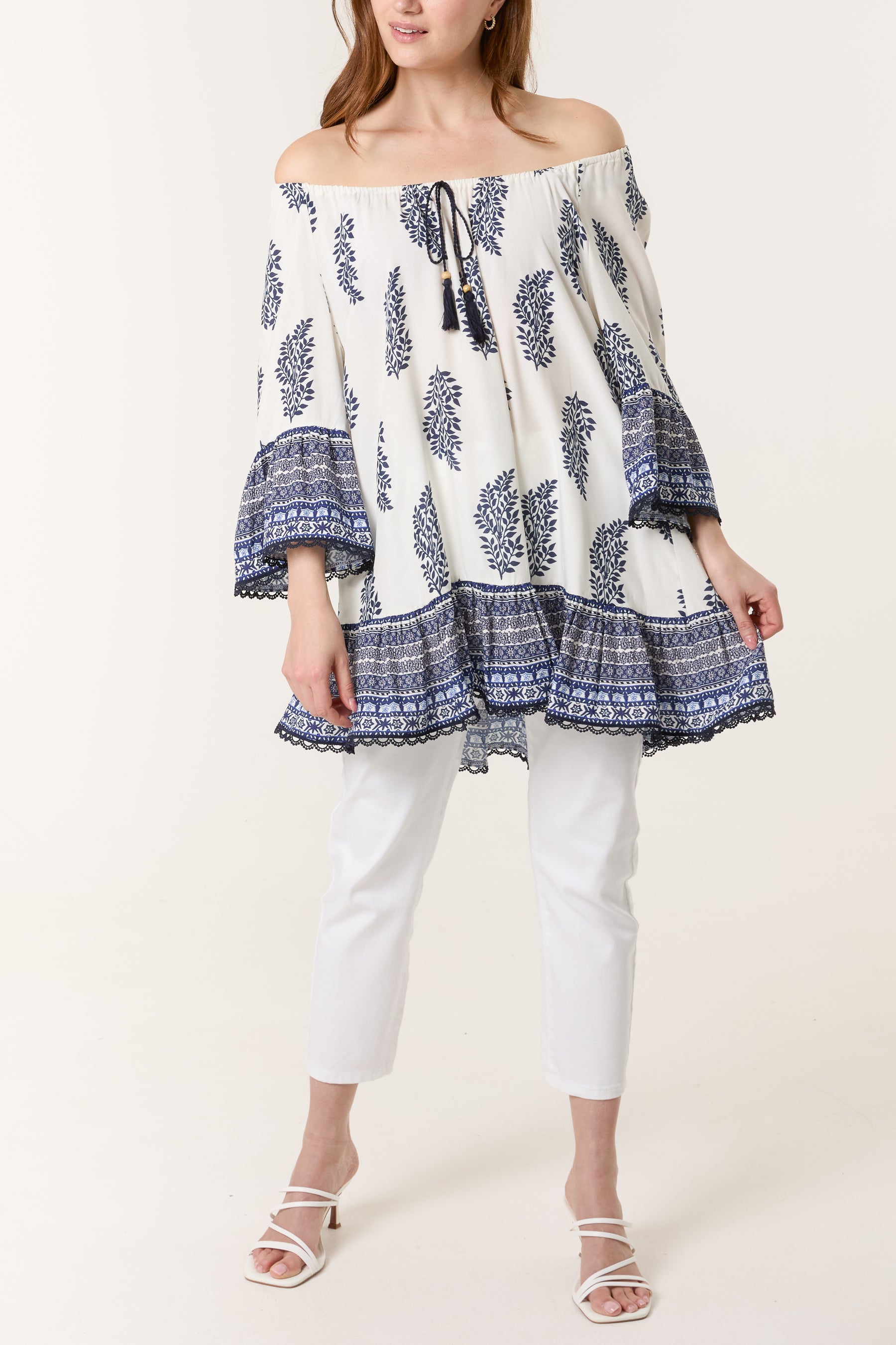 Printed Bardot Tassel Tunic Top