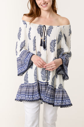 Printed Bardot Tassel Tunic Top