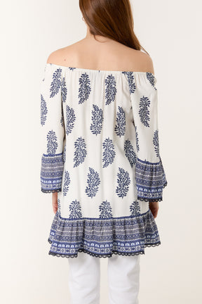 Printed Bardot Tassel Tunic Top