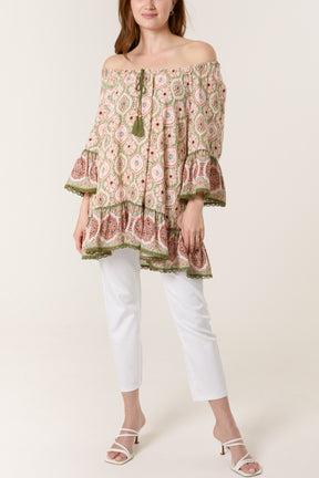 Printed Tassels Bardot Tunic Top