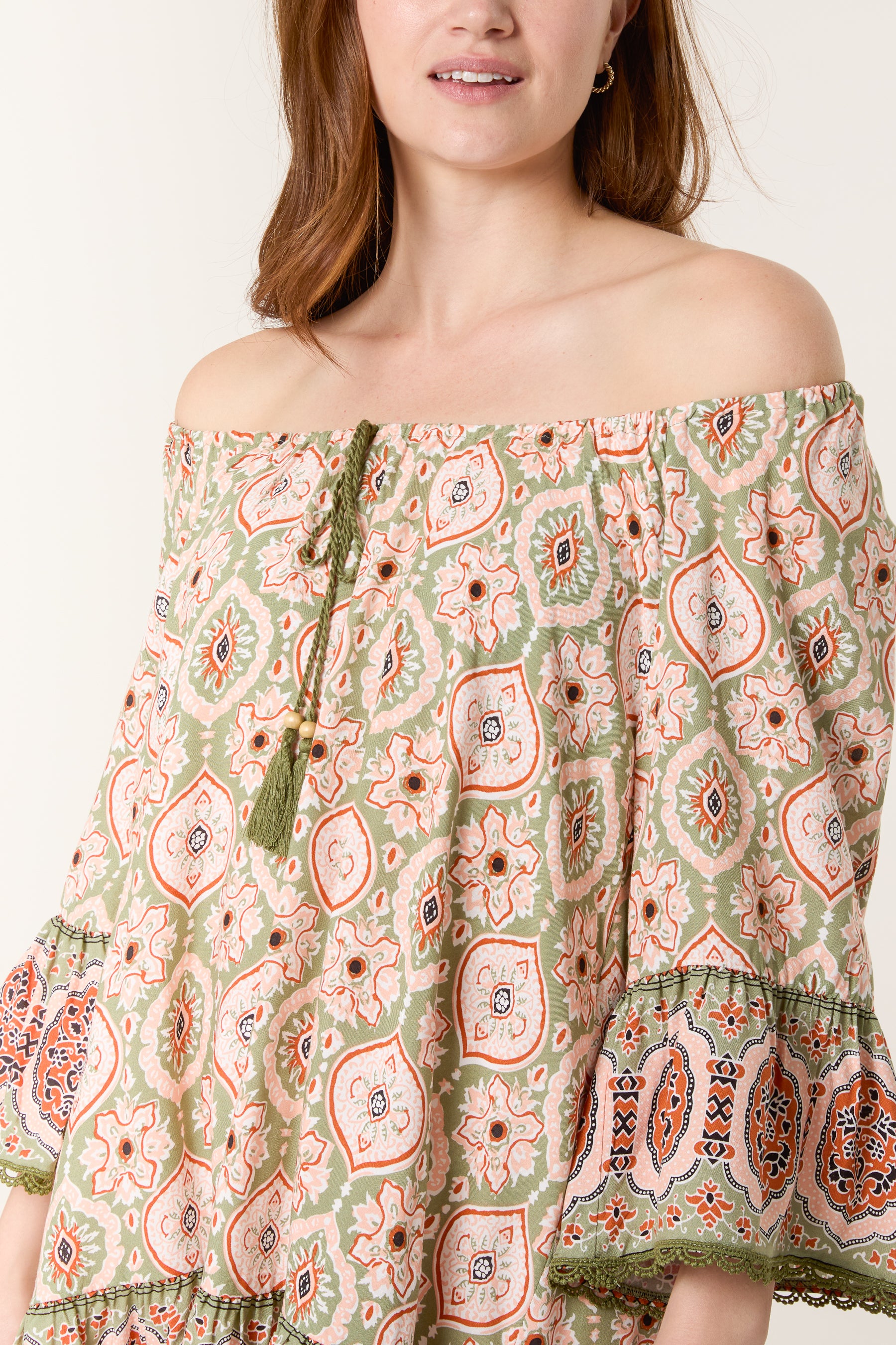 Printed Tassels Bardot Tunic Top