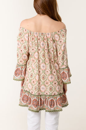 Printed Tassels Bardot Tunic Top