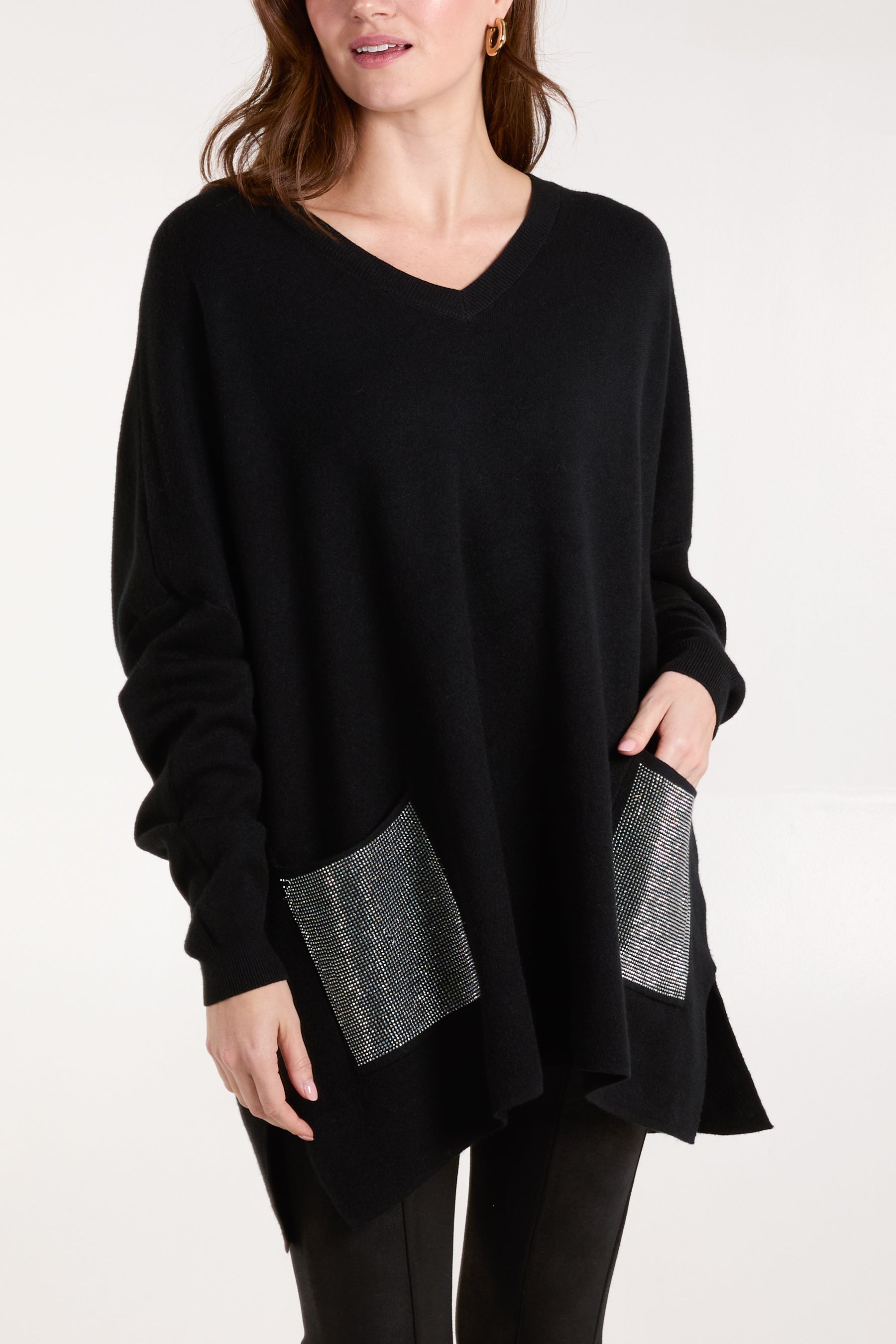 V Neck Embellished Pocket Jumper