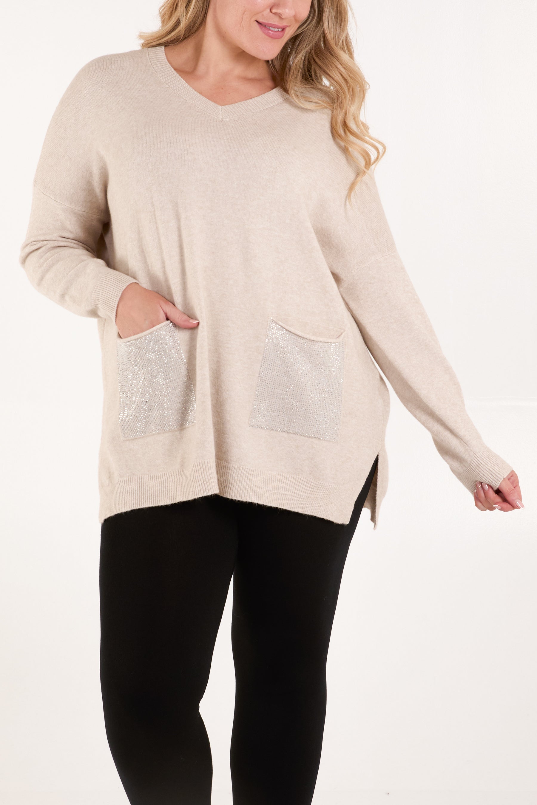 V-Neck Sparkly Pocket Jumper