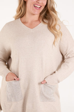 V-Neck Sparkly Pocket Jumper