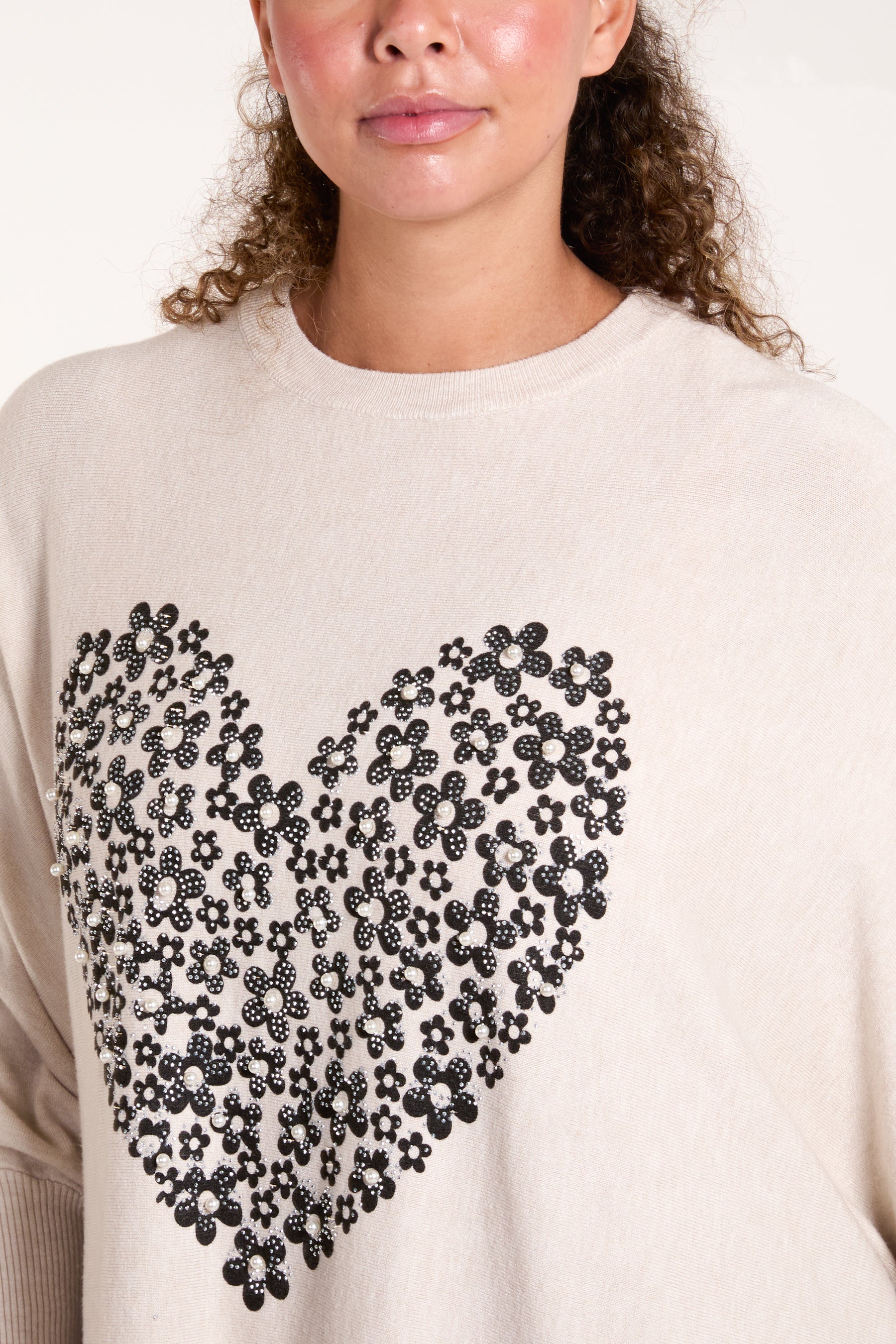 Relaxed Batwing Flower & Heart Jumper