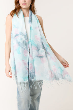 Pastel Floral Print & Tassel Scarf