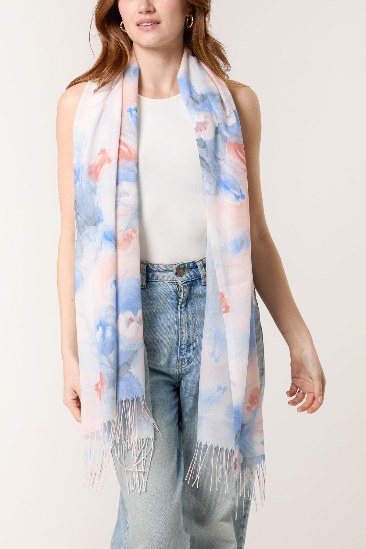 Pastel Floral Print & Tassel Scarf