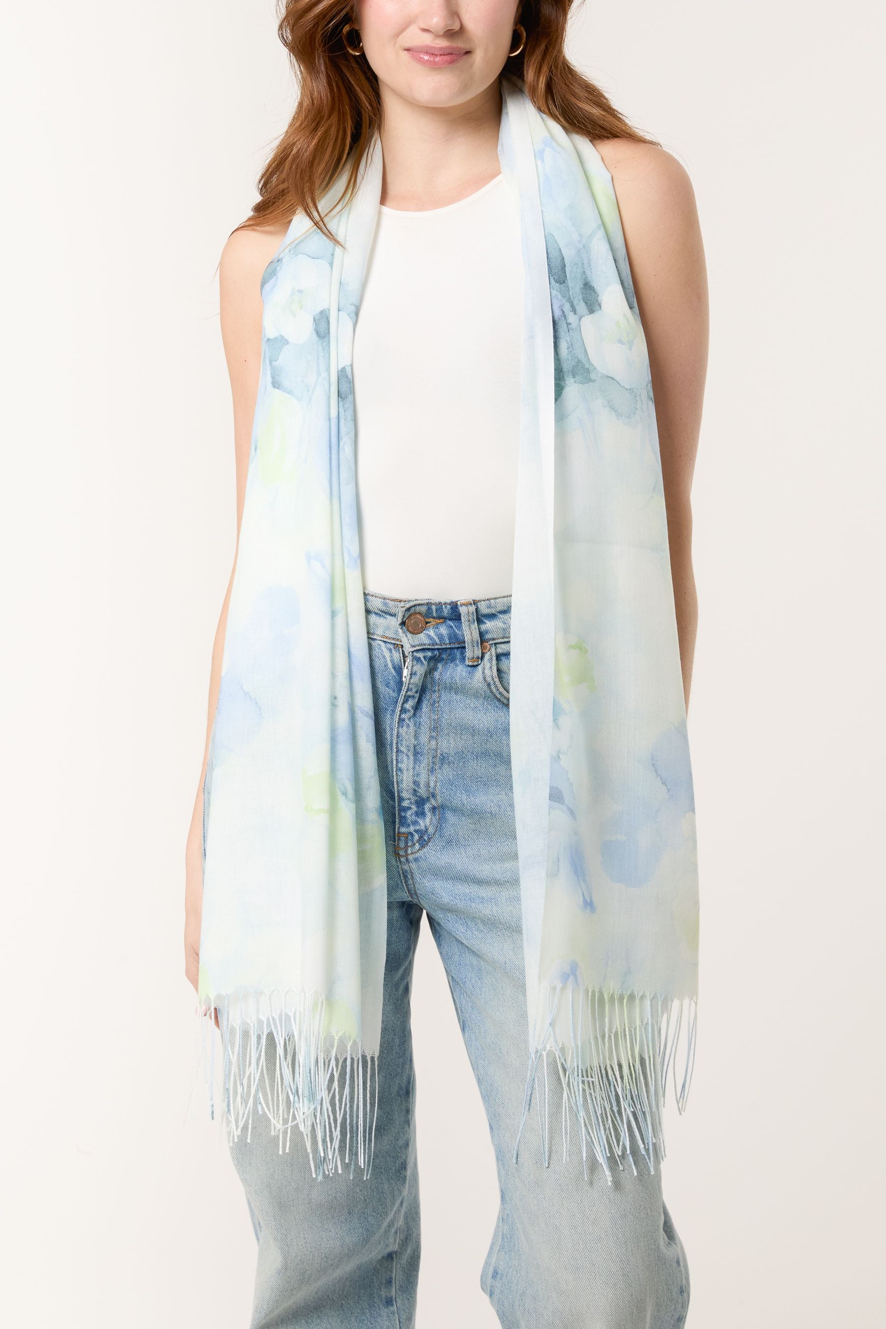 Pastel Floral Print & Tassel Scarf