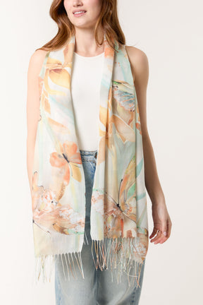 Butterfly Print & Tassel Scarf