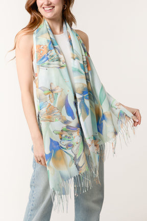 Butterfly Print & Tassel Scarf