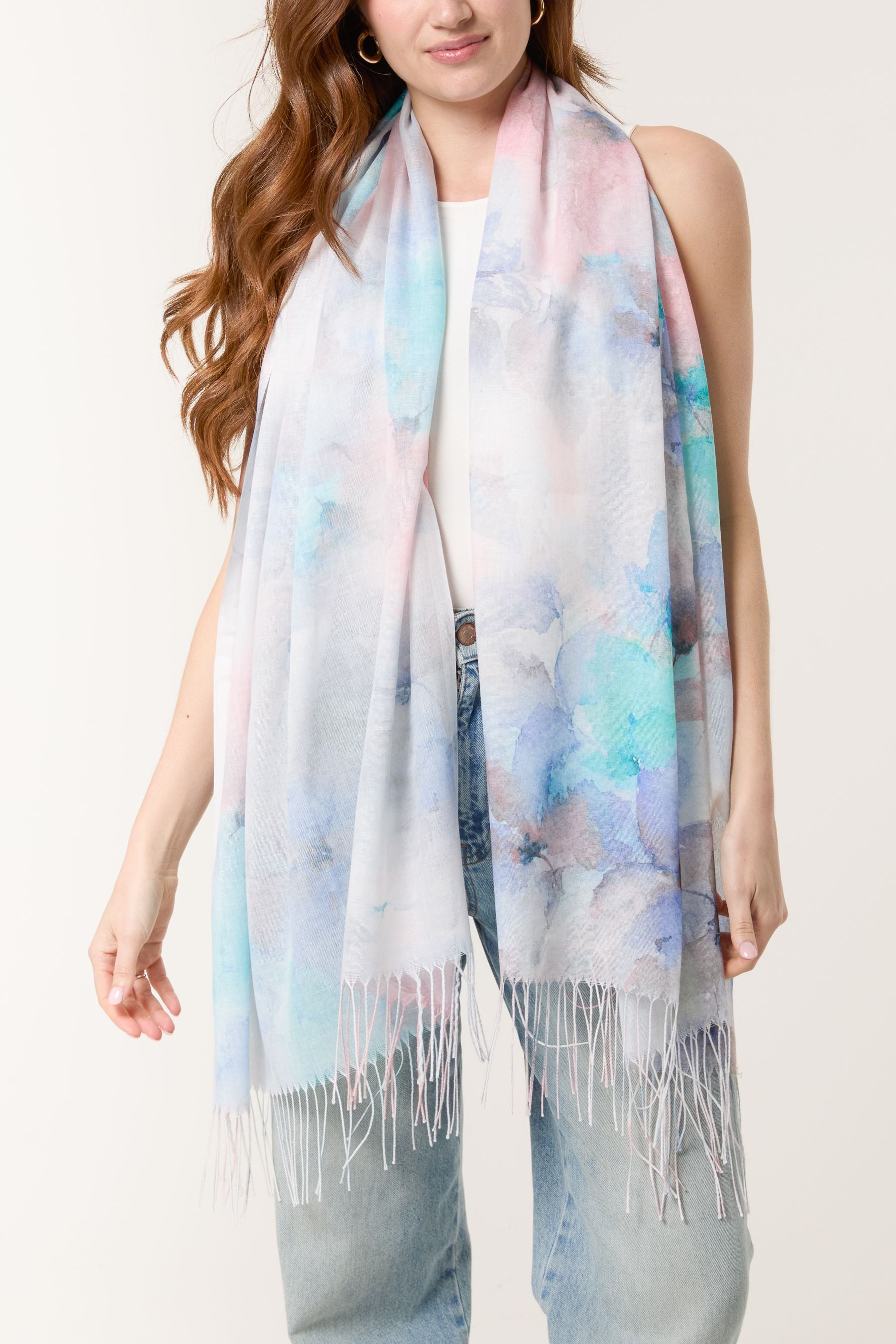 Watermark Floral Print & Tassel Scarf