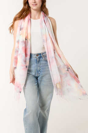 Watermark Floral Print & Tassel Scarf