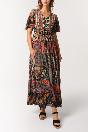 Multi Print Angel Sleeve Button Dress