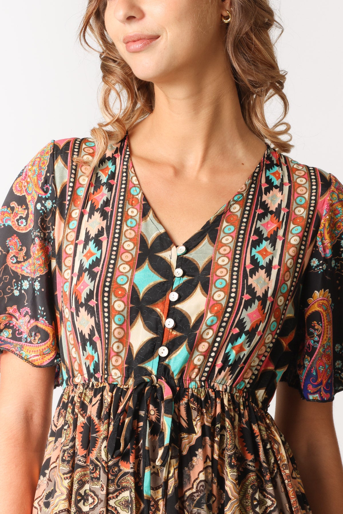 Multi Print Angel Sleeve Button Dress