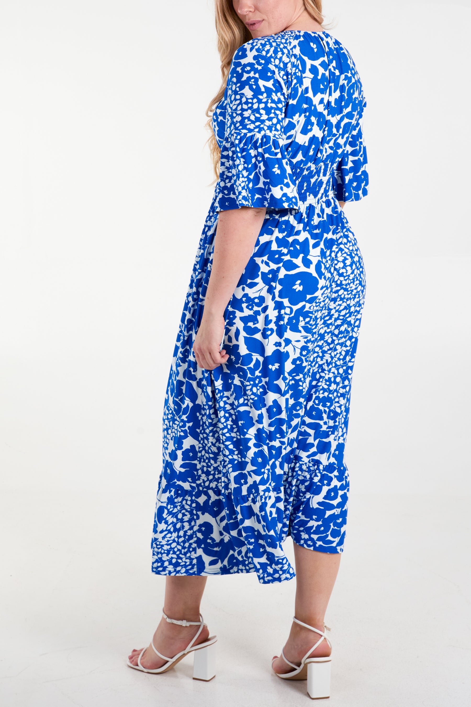 Floral V-Neck Shirred Waist Midi Dress