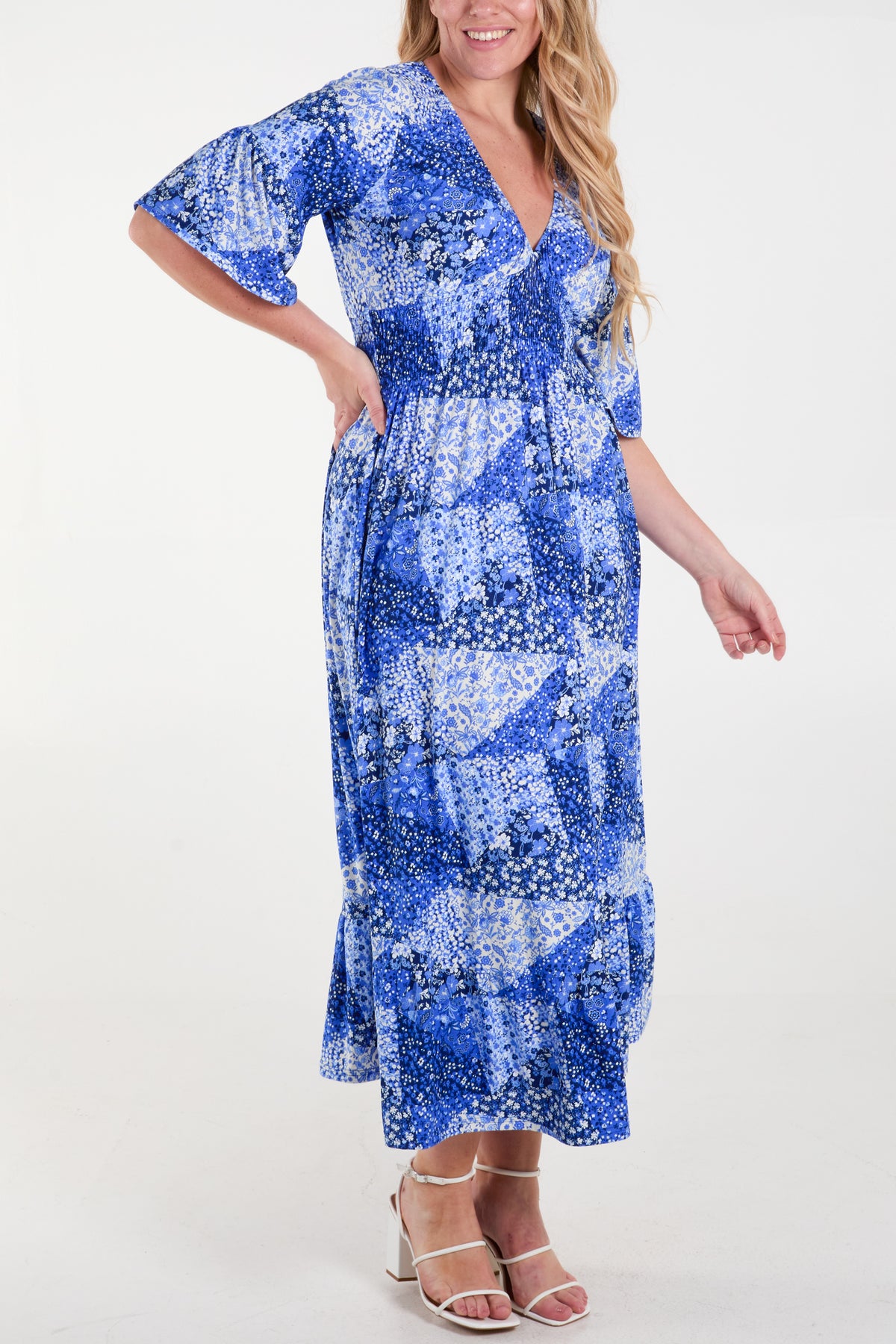 Ditsy V-Neck Shirred Waist Midi Dress