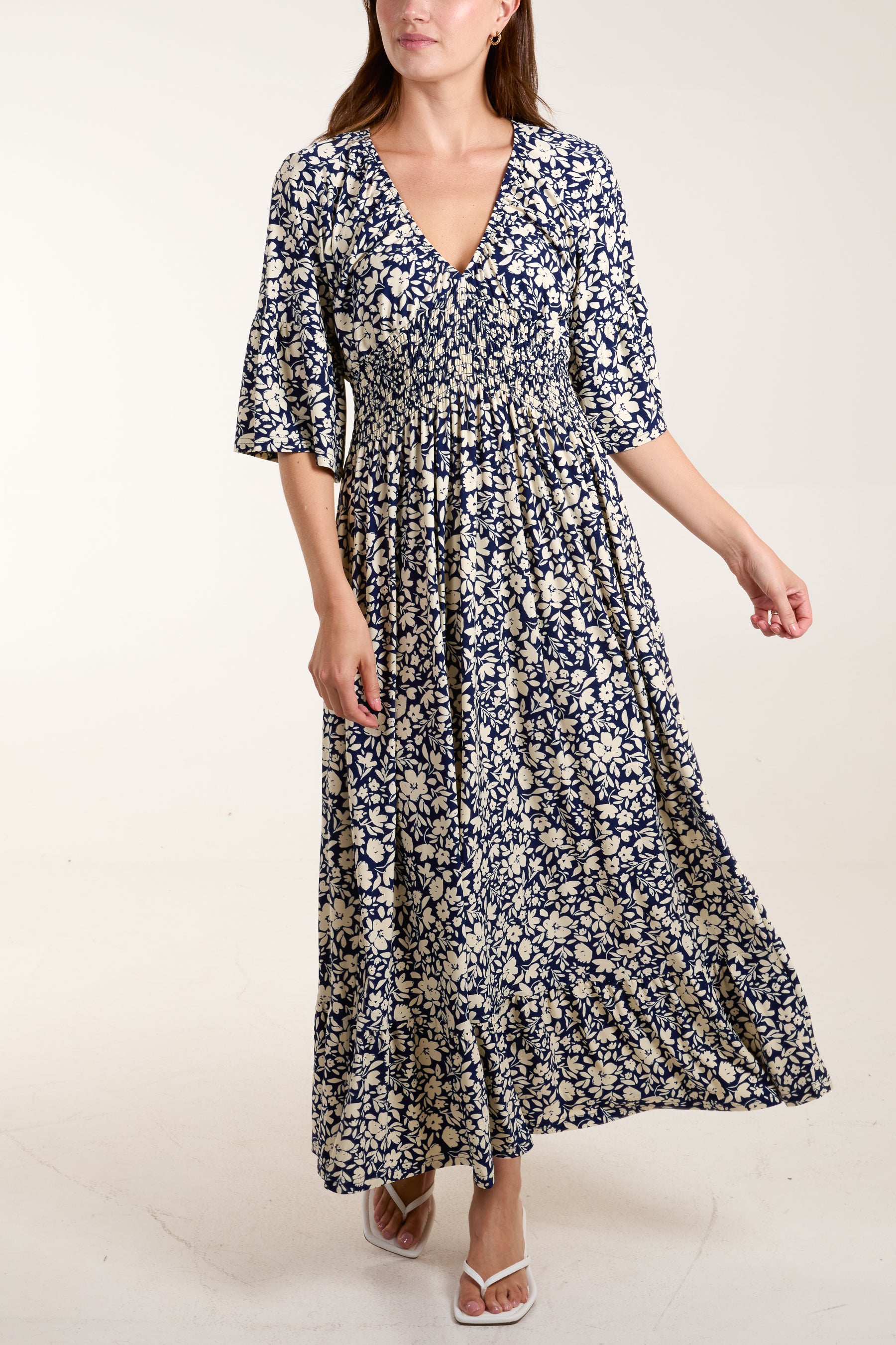 Floral Print V-Neck Shirred Waist Midi Dress