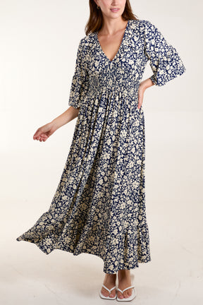 Floral Print V-Neck Shirred Waist Midi Dress