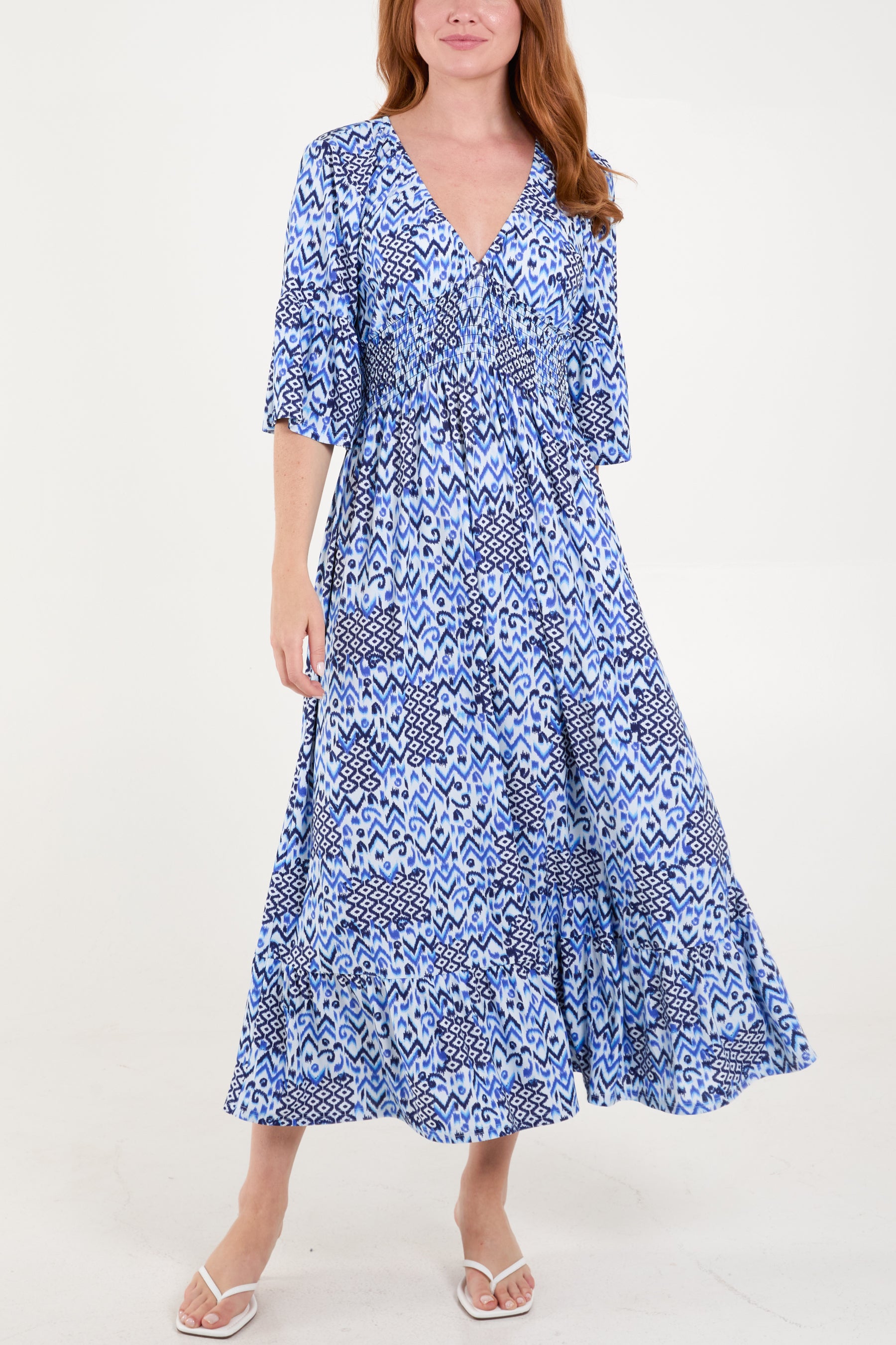 Multi Print Shirred Waist Midi Dress