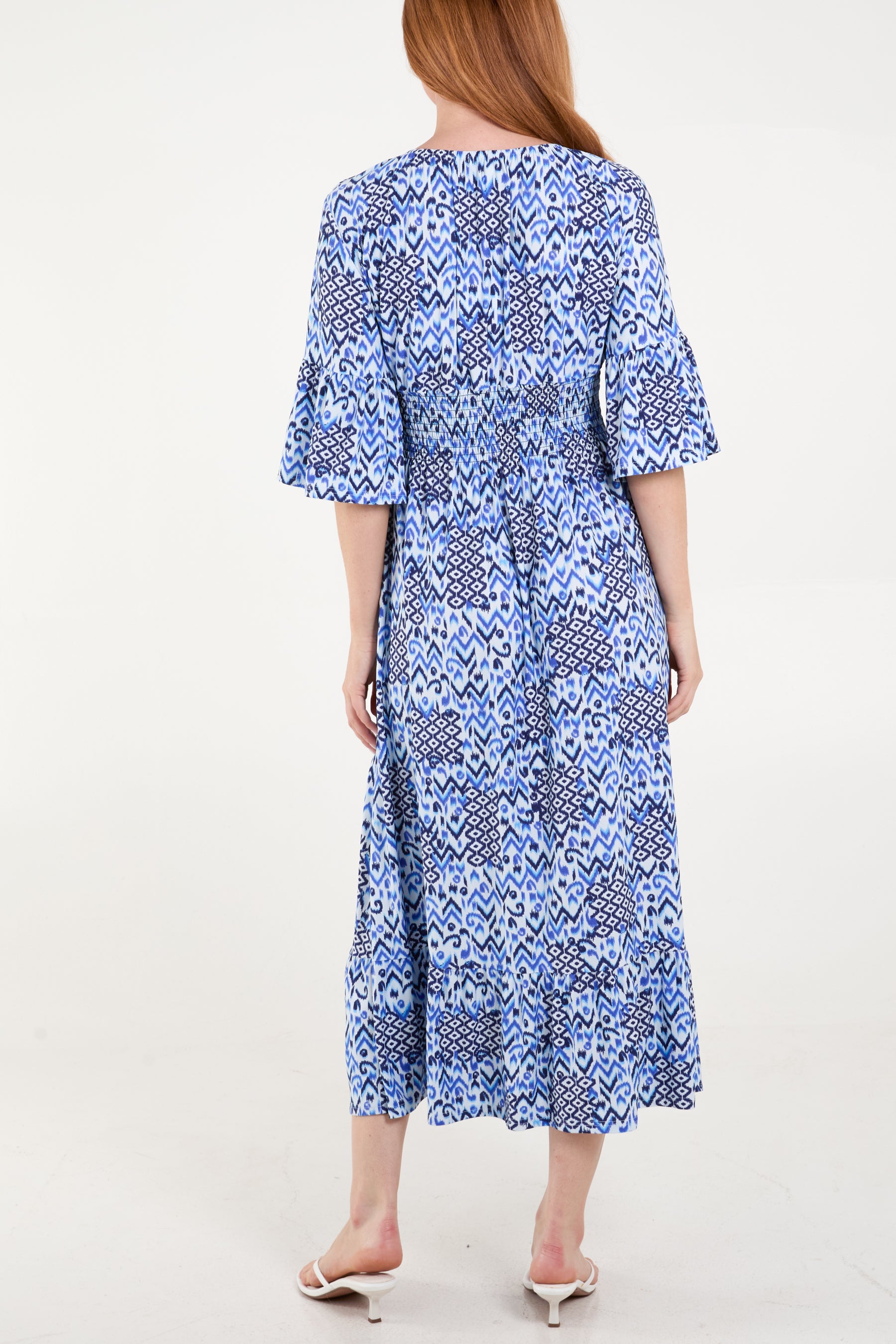 Multi Print Shirred Waist Midi Dress