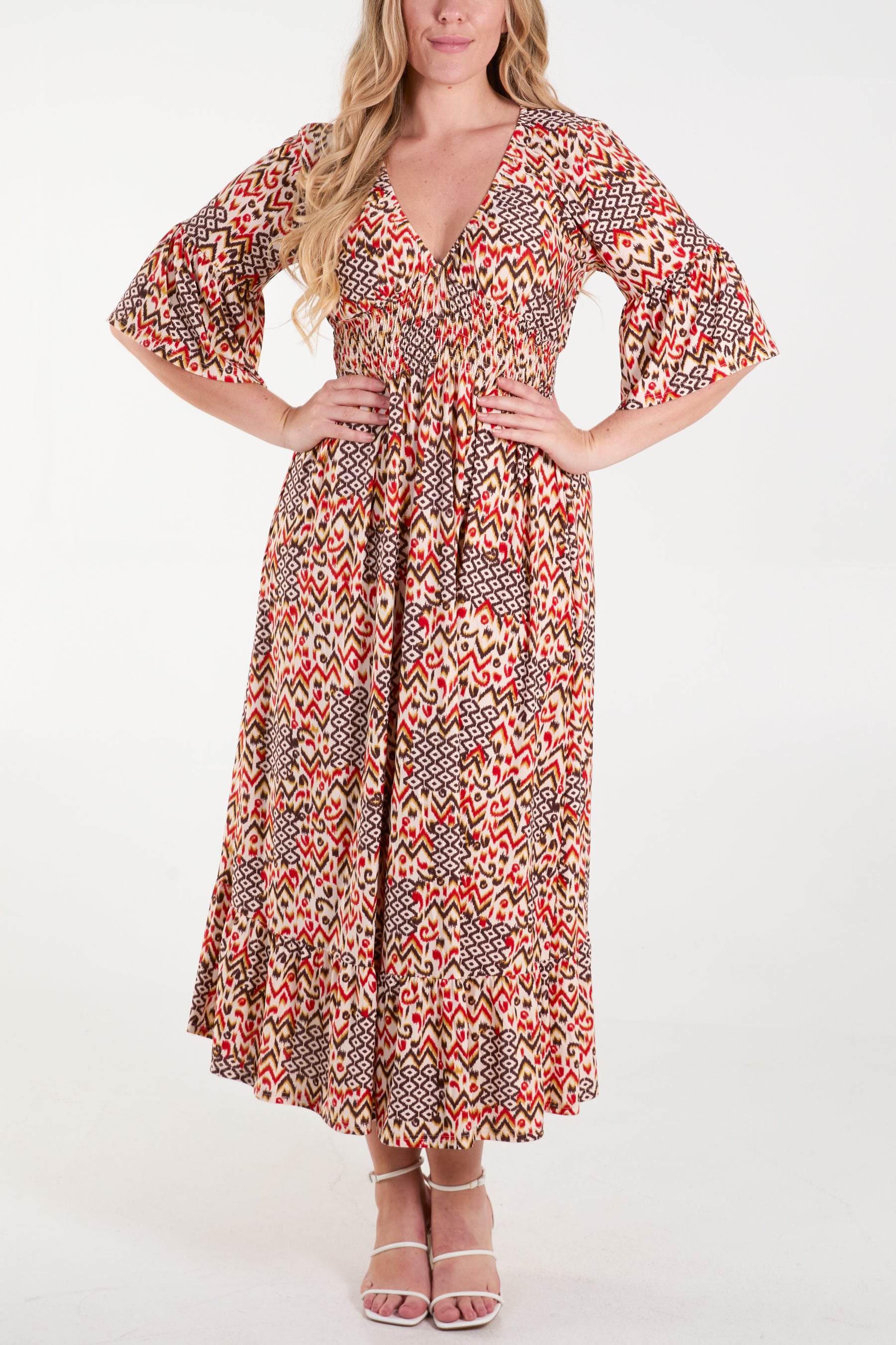 Multi Print Shirred Waist Midi Dress