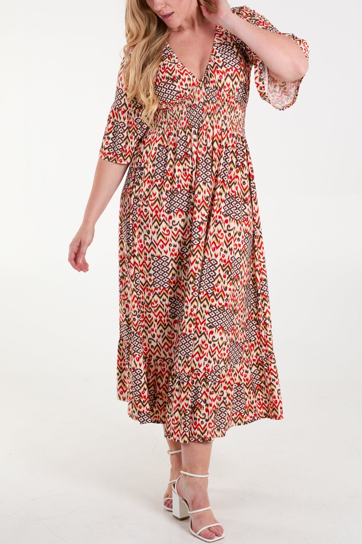 Multi Print Shirred Waist Midi Dress