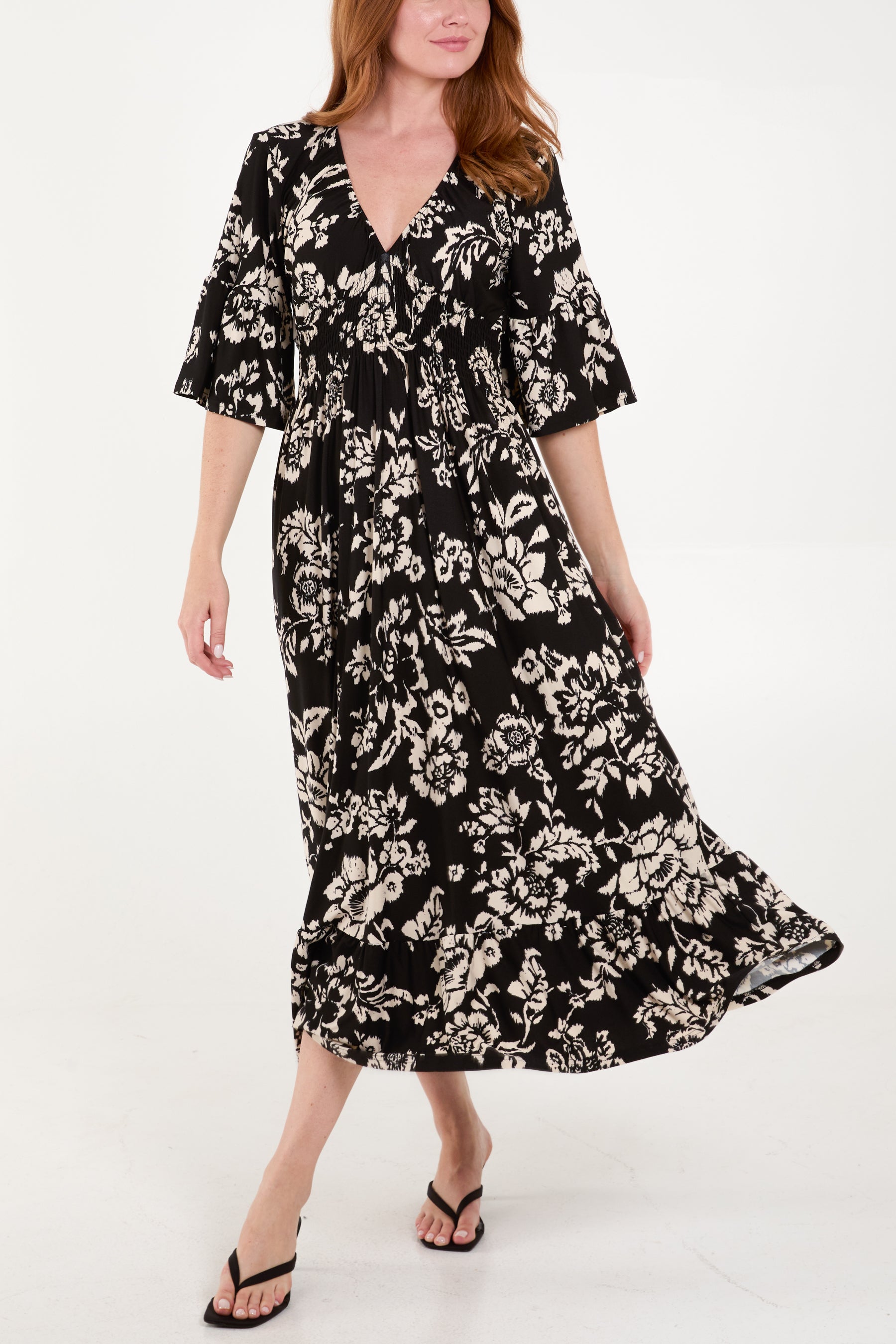 Large Floral Print Shirred Waist Midi Dress