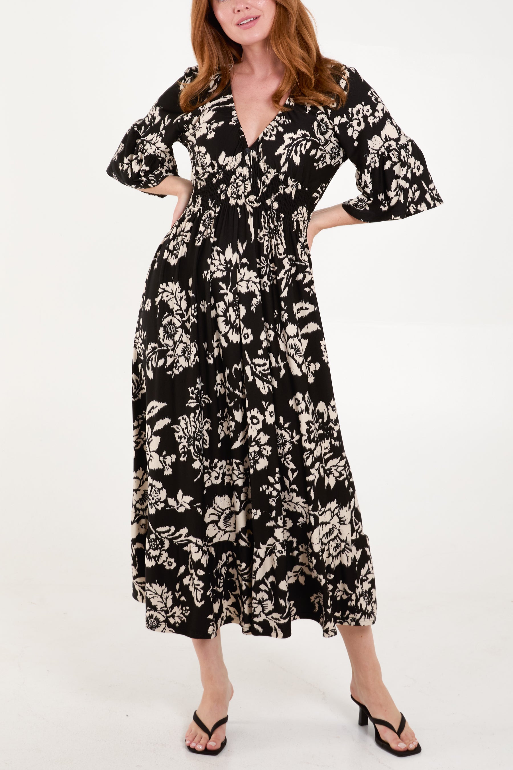 Large Floral Print Shirred Waist Midi Dress