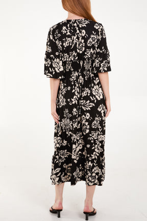 Large Floral Print Shirred Waist Midi Dress