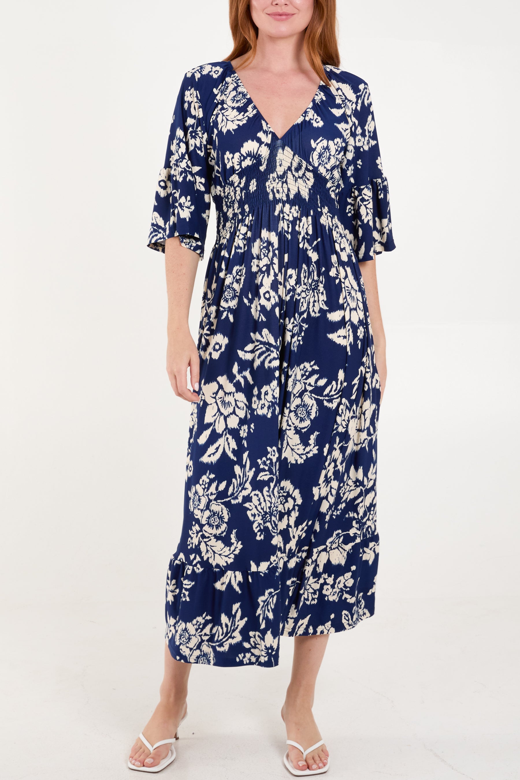 Large Floral Print Shirred Waist Midi Dress