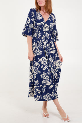 Large Floral Print Shirred Waist Midi Dress